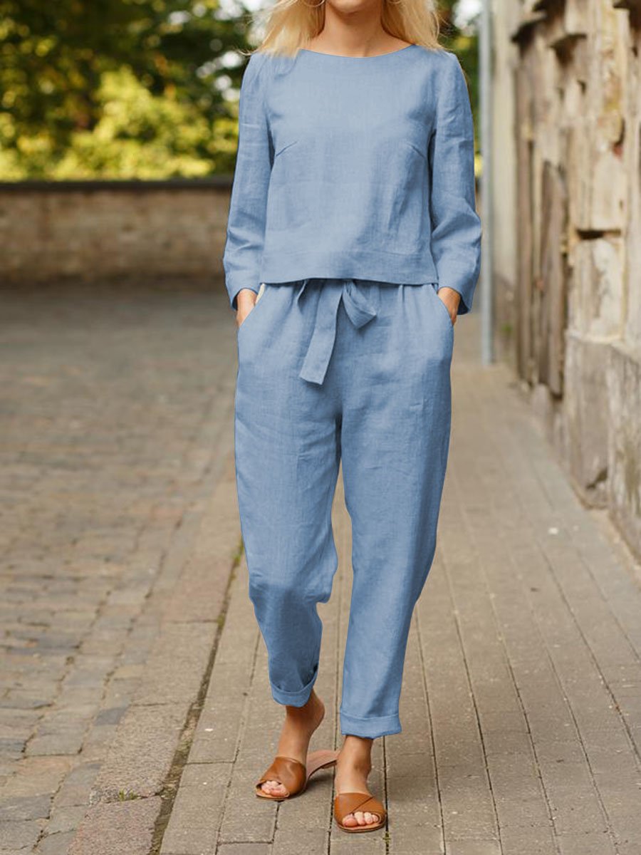 Autumn Solid Color Top and Tie Trousers Suit